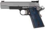 Colt Gold Cup 38 Super 9+1 5" Stainless National Match Barrel, Brushed Stainless Steel Serrated Slide, Black/Stainless Steel Frame w/Beavertail, Blue Scalloped G10 Grip, Ambidextrous