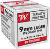 Winchester USA Pistol Ammo 9mm Luger 115 Grain FMJ USA PARA 50 rd. Model: W9mm50